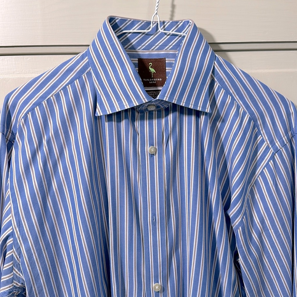 Men’s Tailorbyrd Striped Blue and Brown Dress Shirt — Sz M — Boardroom Chic